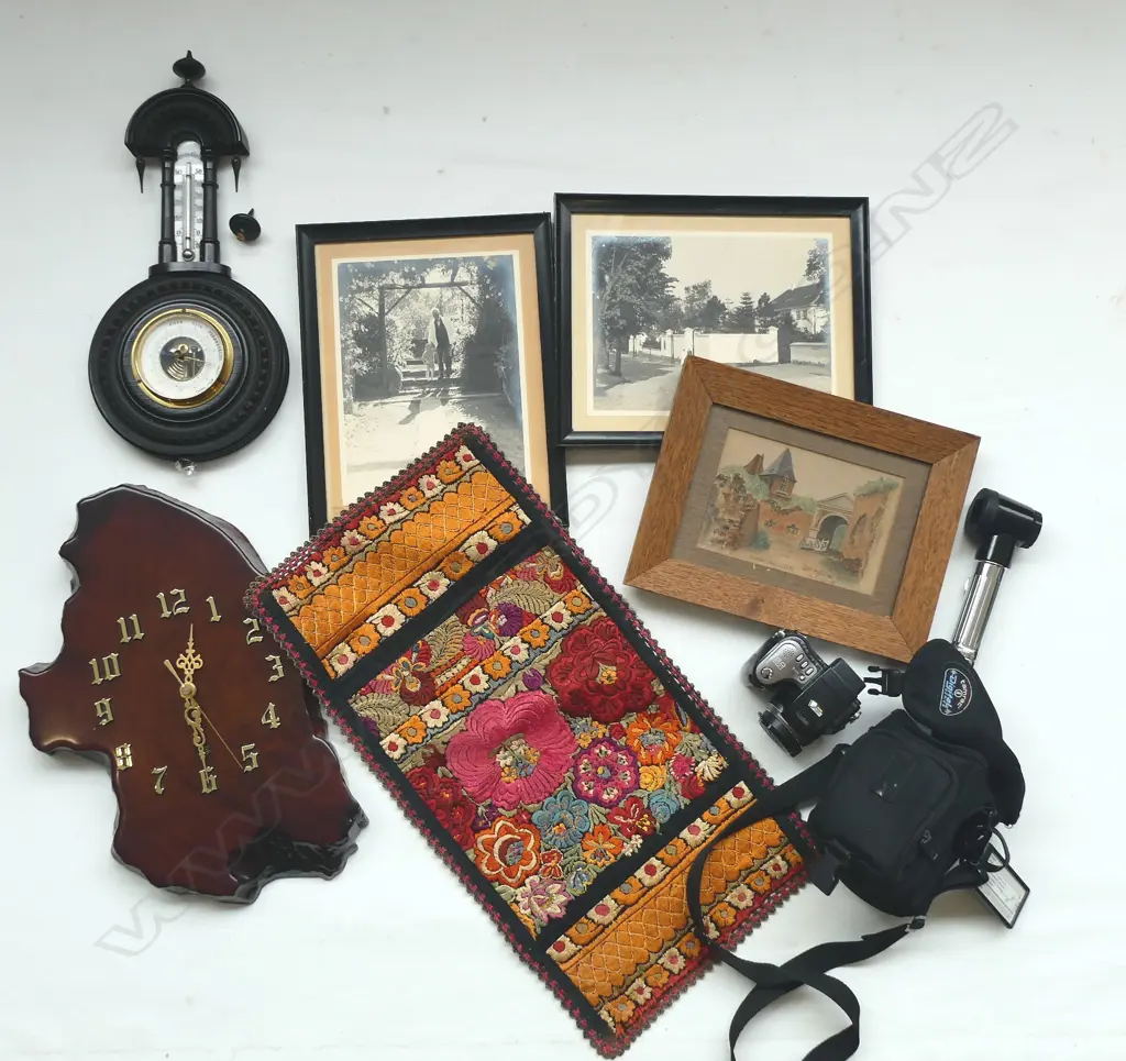 BAROMETER (FAULT), WOODEN CREATIONS CLOCK, KODAK CAMERA w. CASE, TAPESTRY, W/C, etc Image 1++