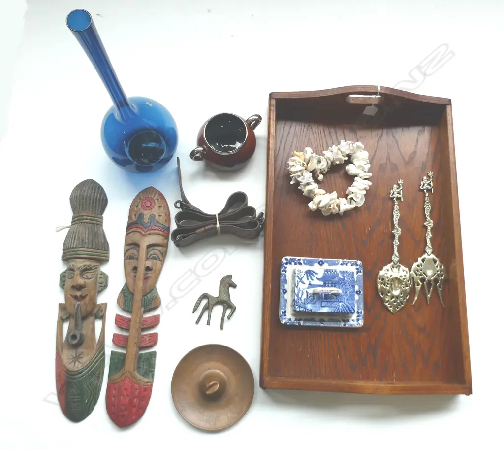 TRAY & COLLECTABLES; ATHLO WARE, BLUE GLASS VASE, LEATHER BELT, etc Image 1++