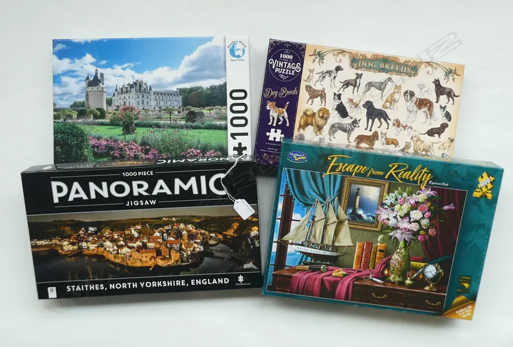 FOUR 1000PC JIGSAW PUZZELS – FRANCE, ENGLAND, EXPLORERS DESK, DOGS Image 1++