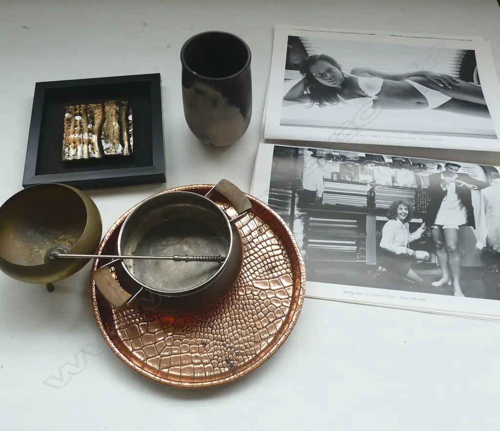 ASST INCL. 'AUCKLAND CITY 1998' PHOTOGRAPHY BOOK, FRAMED TILE, 3 PCES COPPER & RAKU FIRED VASE H.170mm, etc  Image 1++