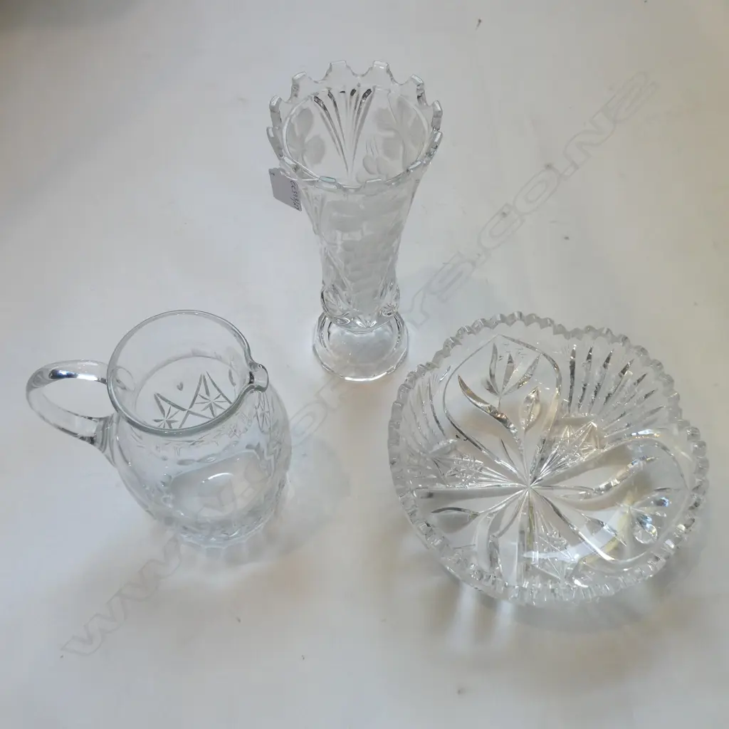 HEAVY VINTAGE CRYSTAL SALAD BOWL, VASE, & WATER JUG (GROUND PONTIL), D.240MM H.265MM Image 1++