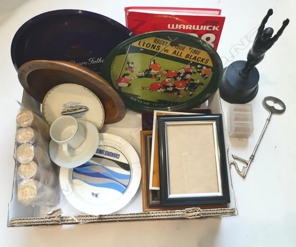 1966 ALL BLACKS TRAY, NZ MILK TOKENS, FRAMES, BEER LABELS, DIVING TROPHY ETC Image 1++