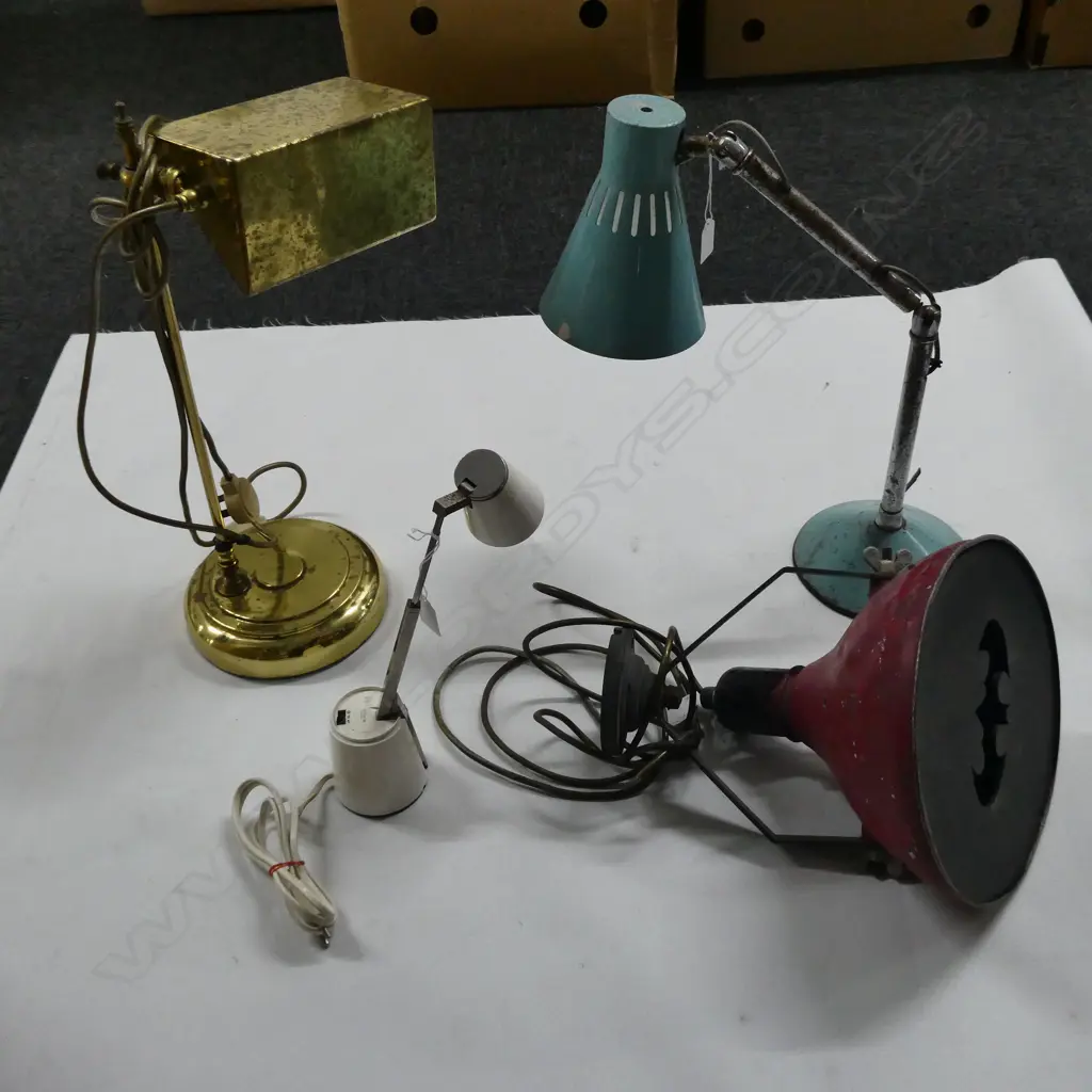 4 VINTAGE LAMPS, STAGE LIGHT w BATMAN FILTER, BRASS TABLE LAMP (surface corrosion) & 2 OTHERS Image 1++