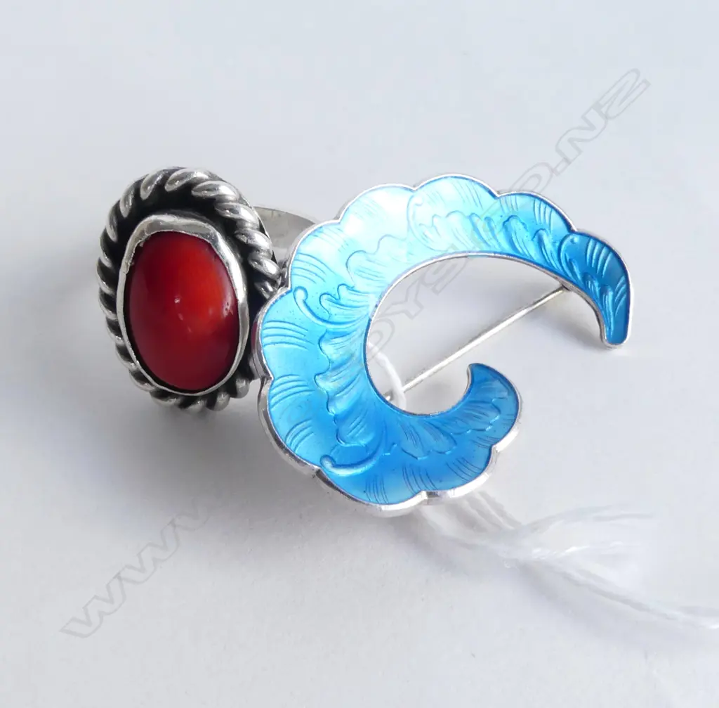vintage SILVER NORWEGIAN BLUE ENAMEL SCOLL BROOCH + ORANGE CORAL & SILVER RING SIZE M Image 1++