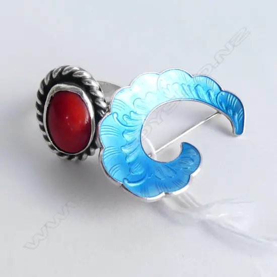 vintage SILVER NORWEGIAN BLUE ENAMEL SCOLL BROOCH + ORANGE CORAL & SILVER RING SIZE M