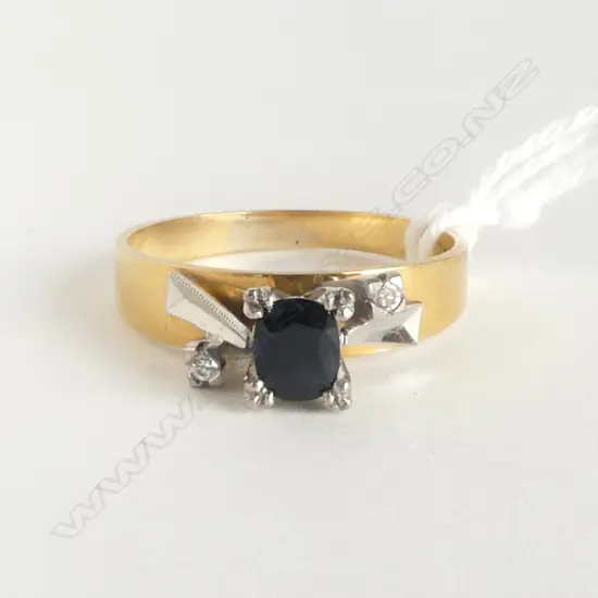 18ct Y/GOLD oval facet cut SAPPHIRE & DIAMOND RING 3.8gms SIZE Q