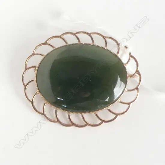9ct ROSE GOLD & POUNAMU VINTAGE BROOCH 6gms