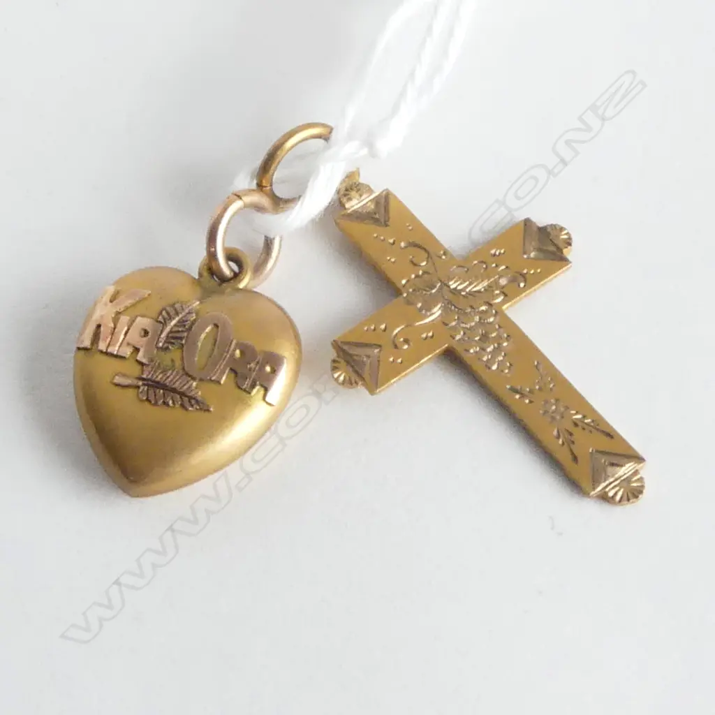 2 old GILDED 9ct YELLOW GOLD PENDANTS: CRUCIFIX + 'KIA ORA' HEART. 2.4gms Image 1++