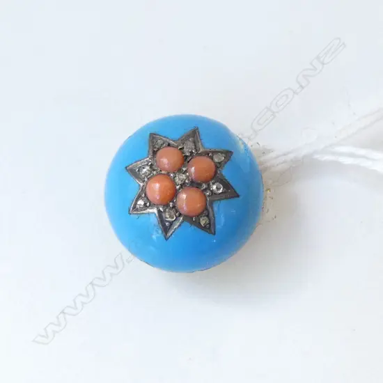 VICTORIAN GILT BOTTLE ? TOP turquoise enamel with coral & diamonds