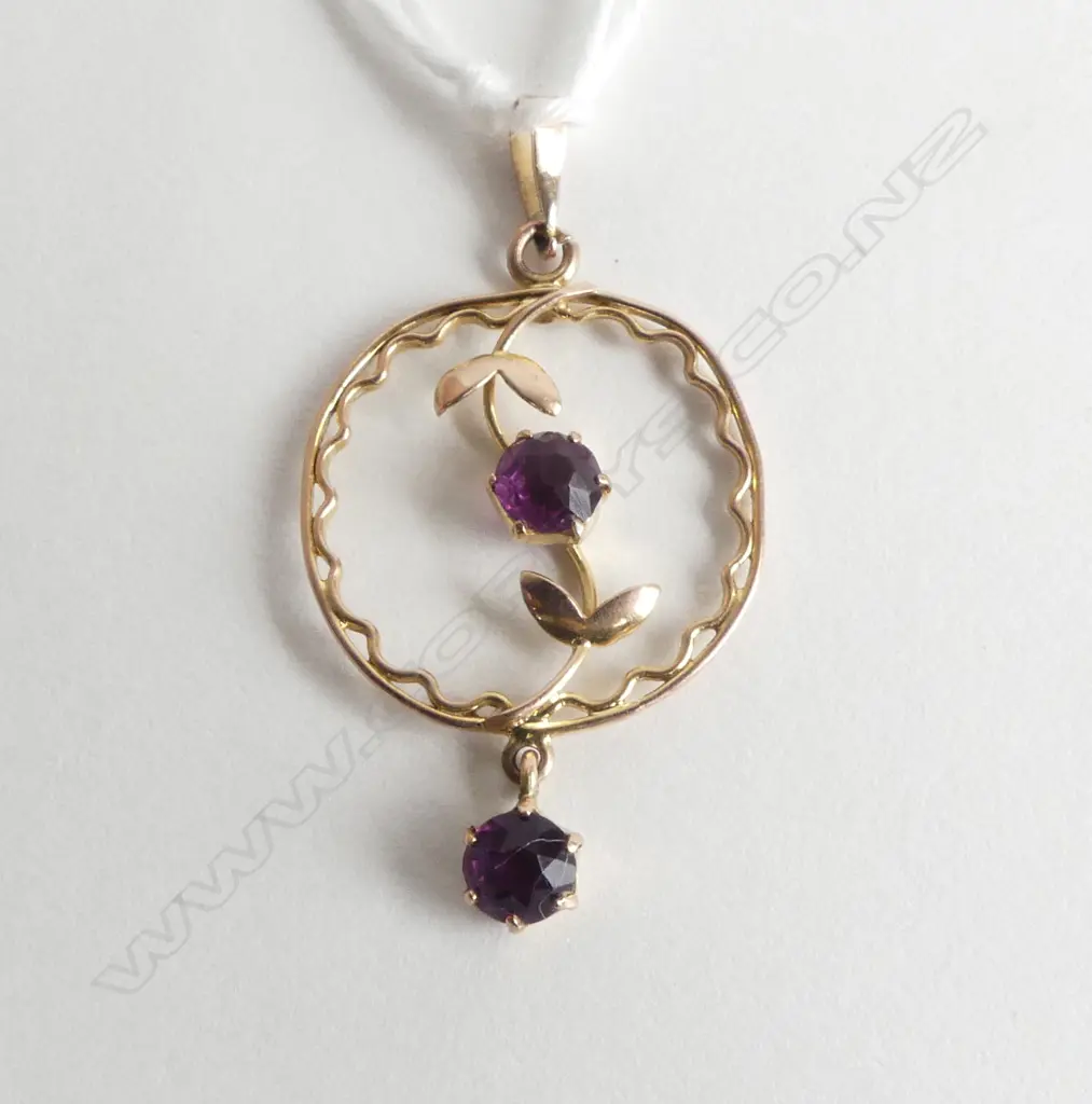 EDWARDIAN 9ct GILDED ROSE GOLD & 2 AMETHYST PENDANT Image 1++