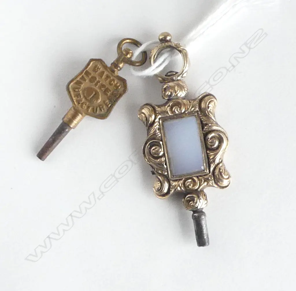 2 ANTIQUE WATCH KEYS. 1 fancy gold plate w agate panels + Stewart Dawson advertising key Image 1++