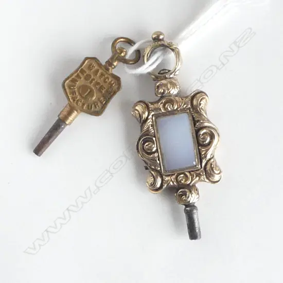 2 ANTIQUE WATCH KEYS. 1 fancy gold plate w agate panels + Stewart Dawson advertising key