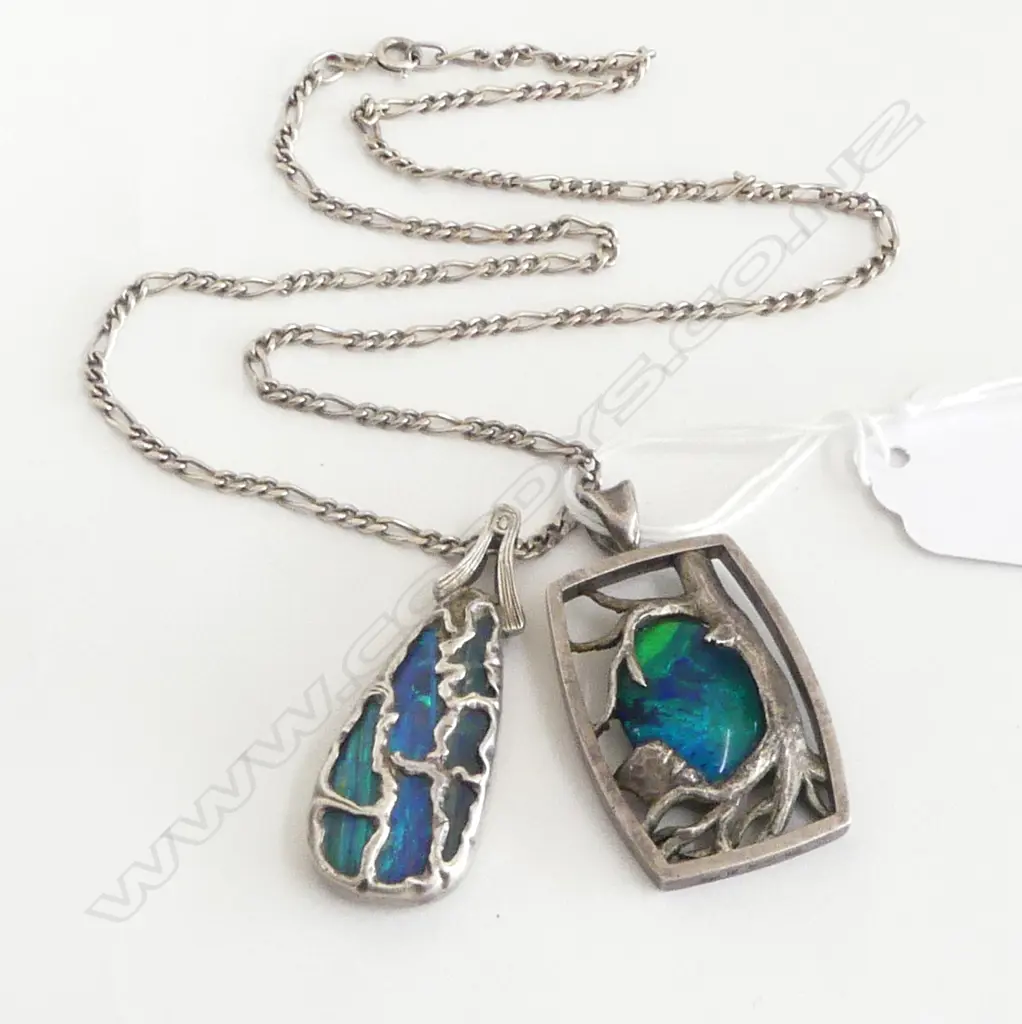 2 HAND MADE SILVER & OPAL PENDANTS + 1 CHAIN: 1 SOLID LGE OPAL; good blue & green tone the other a doublet Image 1++