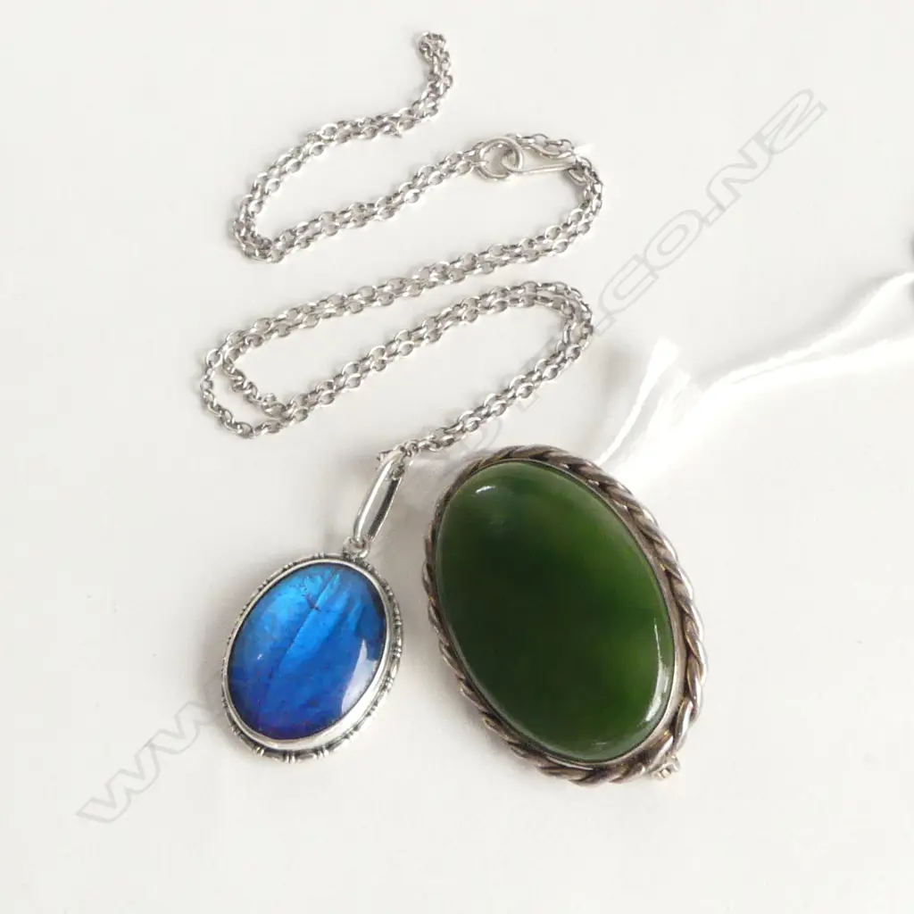 SILVER & POUNAMU BROOCH + SILVER & BUTTERFLY WING PENDANT on silver chain Image 1++
