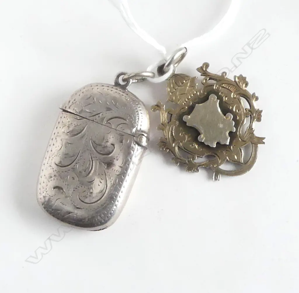 c1900 SILVER VESTA + FANCY SILVER FOB MEDALLION fret cut scrolls. Both w suspension rings. 25.7gms Image 1++