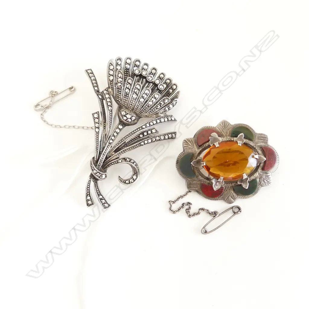 2 BROOCHES; GERMAN SILVER & MARCASITE FLOWER & SILVER SCOTTISH w. CENTRAL CITRINE TYPE STONE Image 1++