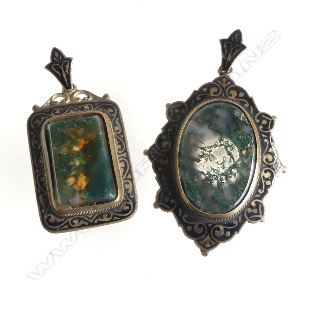 2 MOSS AGATE MOURNING BROOCHES 50x35mm Image 1++