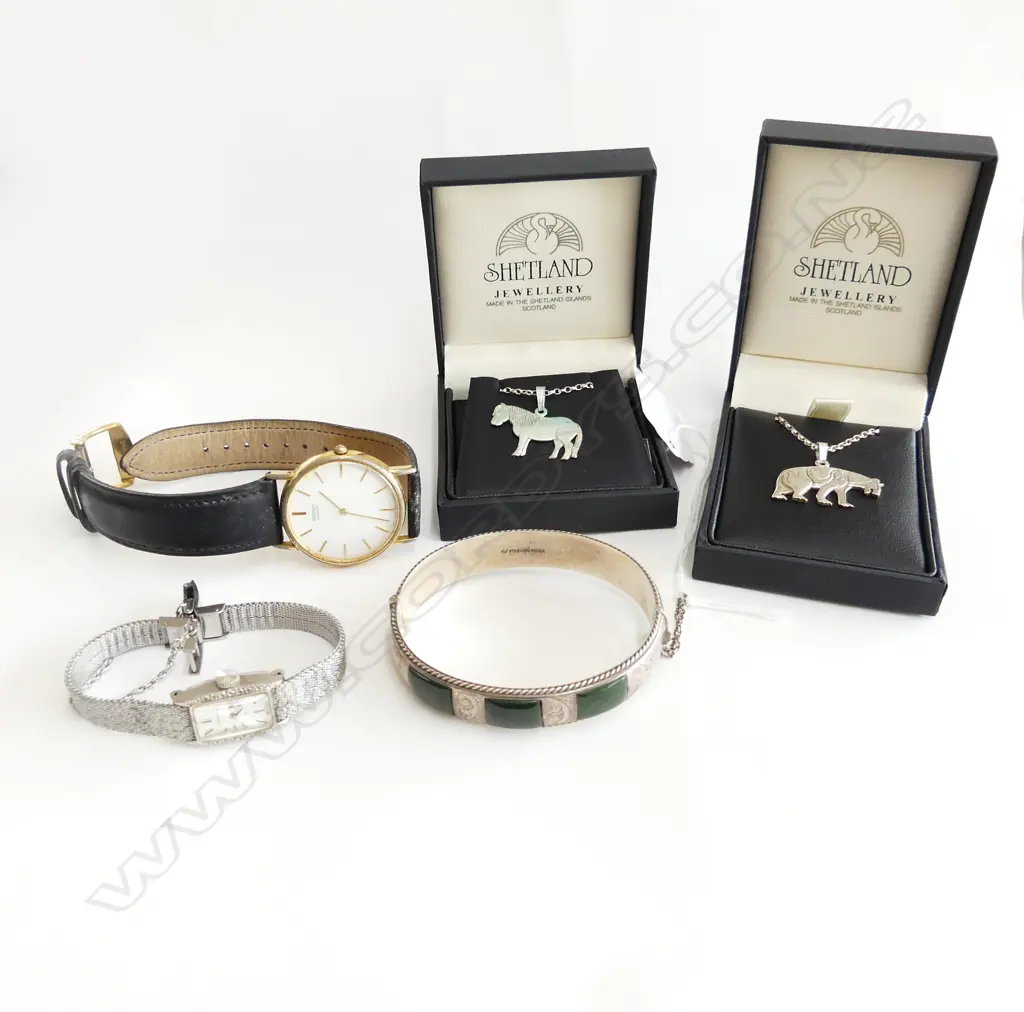 2 WRIST WATCHES, 2 STG SILVER 'SHETLAND' NECKLACES, STG & JADE BANGLE Image 1++