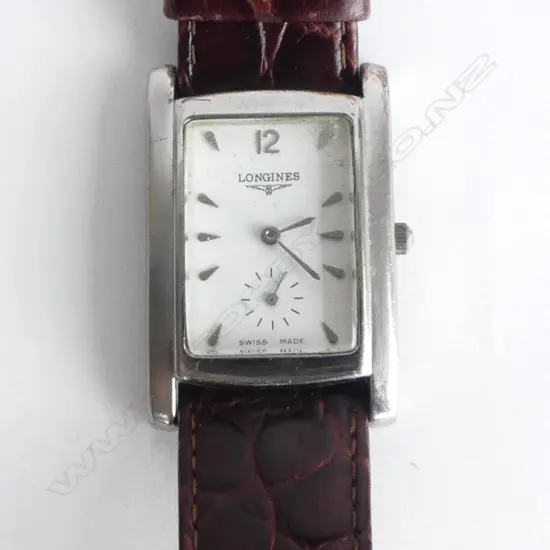 LONGINES TANK SHAPE GENT'S WRISTWATCH showing wear not running leather strap NEEDS A NEW BATTERY