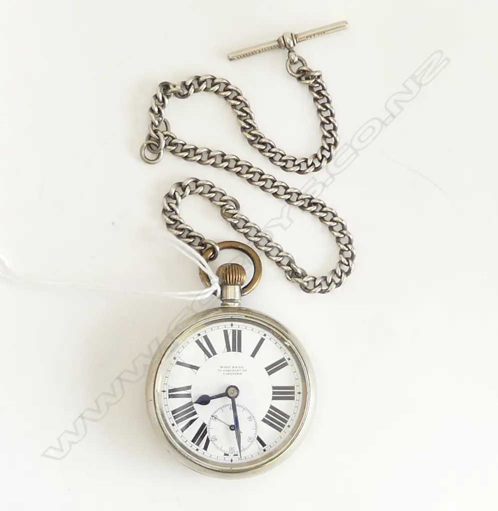 SILVER OPEN FACED POCKET WATCH dial named 'Wolf Bros 34 Adderley St Capetown' with CURB LINK CHAIN  Image 1++