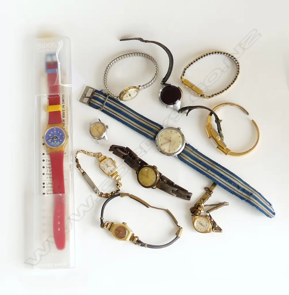 8 VINTAGE LADIES WATCHES SOME 10ct ROLLED GOLD, 1 VINTAGE GENT'S TIMEX & 1 SWATCH WATCH Image 1++