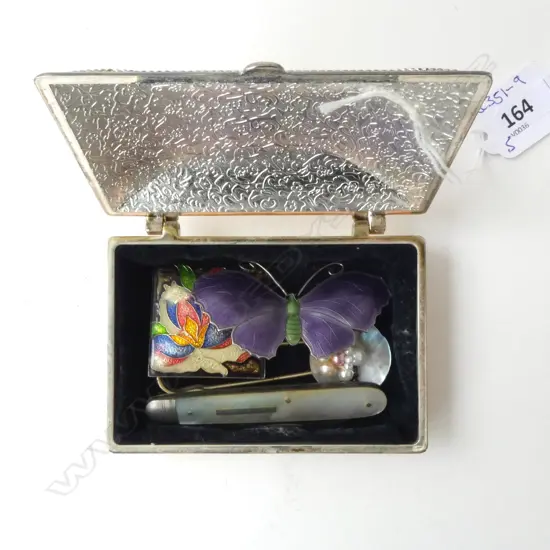 ASST. COSTUME JEWELLERY; BOX, MOP POCKET KNIFE, STG SILVER & ENAMEL BROOCH w. 2 OTHERS