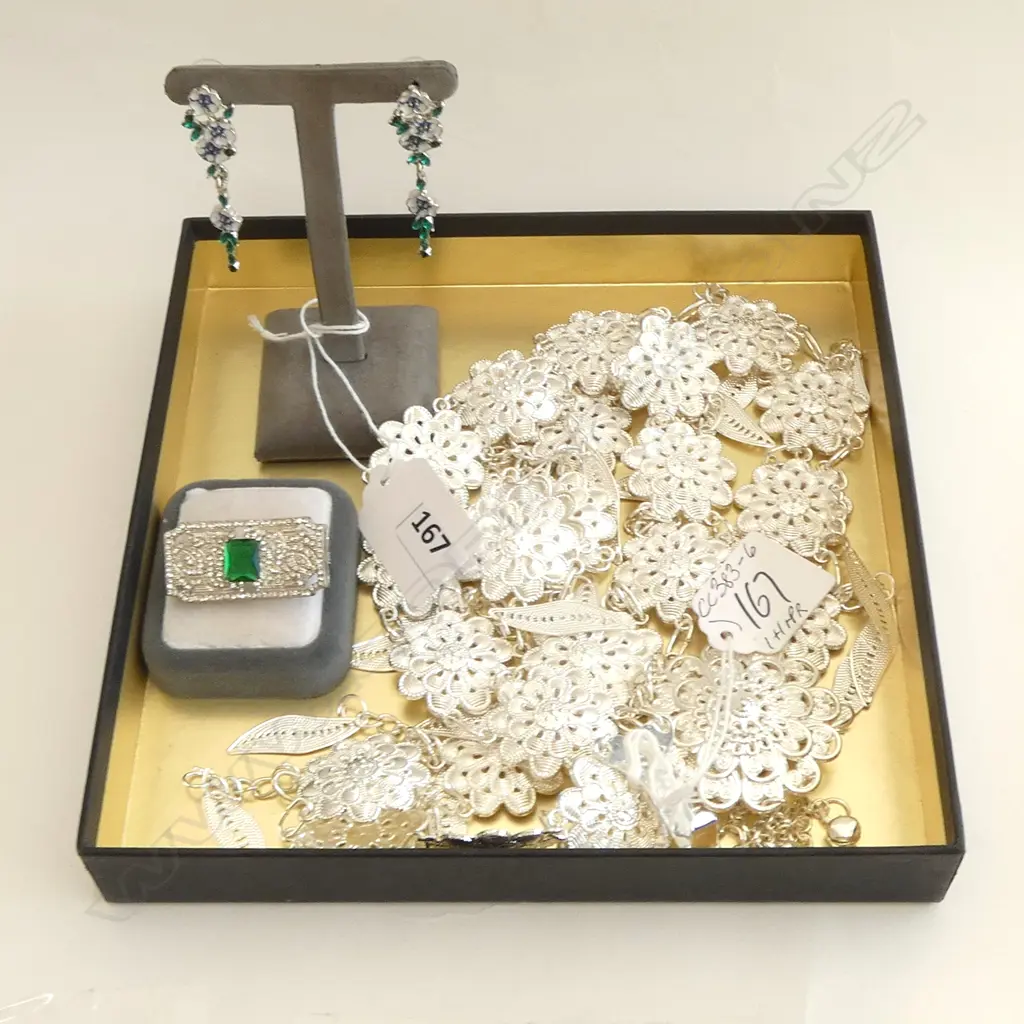 3 PCS; FILIGREE BELT, BROOCH & GRN/WHT DROP EARRINGS, NEW Image 1++