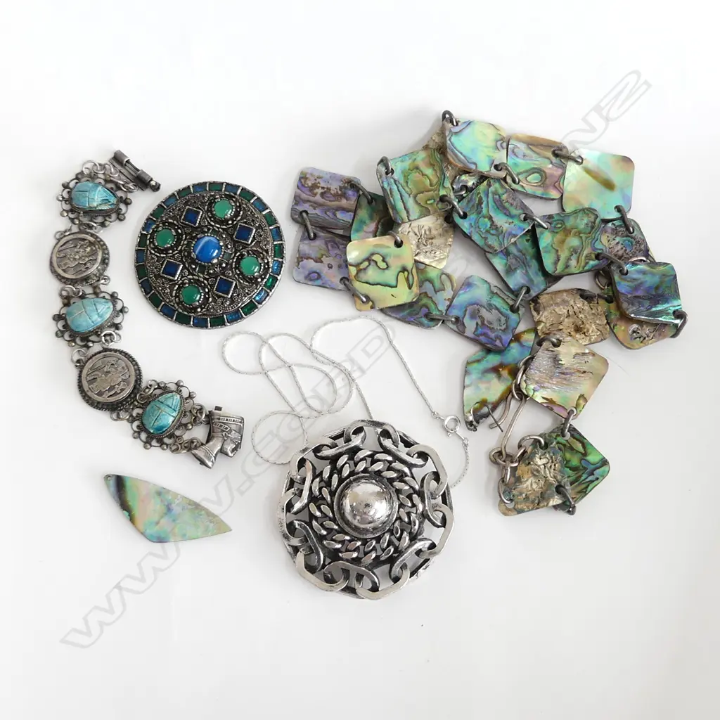 ASST COSTUME JEWELLERY; PAUA NECKLACE w. EARINGS, EGYPTIAN STYLE BRACELET, 2 BROOCHES Image 1++