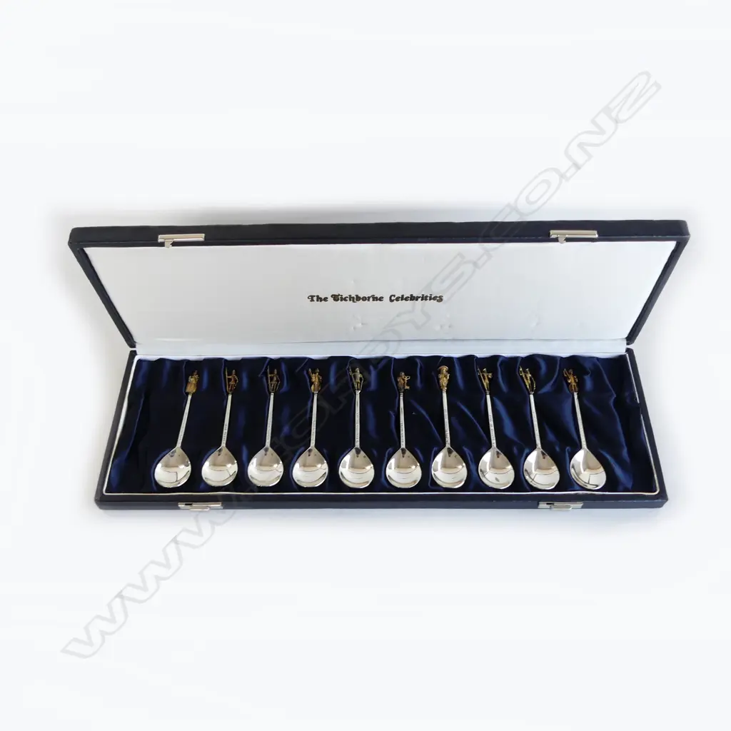 10 STERLING SILVER 'TICHBORNE CELEBRITIES' SPOONS, 258gms, CASED Image 1++