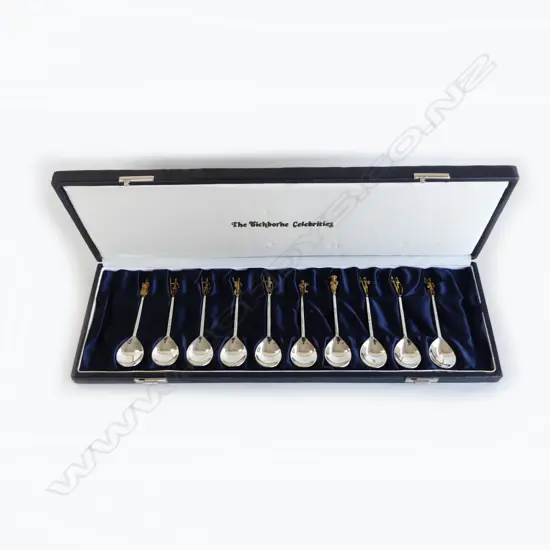 10 STERLING SILVER 'TICHBORNE CELEBRITIES' SPOONS, 258gms, CASED