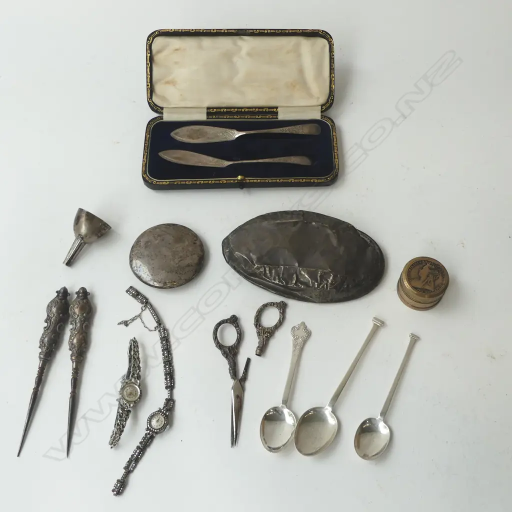 ASST. STG SILVER, 108gms + 2 MARCASITE WRIST WATCHES, COIN & PENNY BOX Image 1++