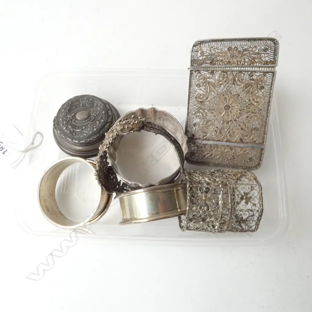 FILIGREE SILVER BANGLE & CARD CASE, 5 NAPKIN RINGS, 800 SILVER CONTAINER Image 1++
