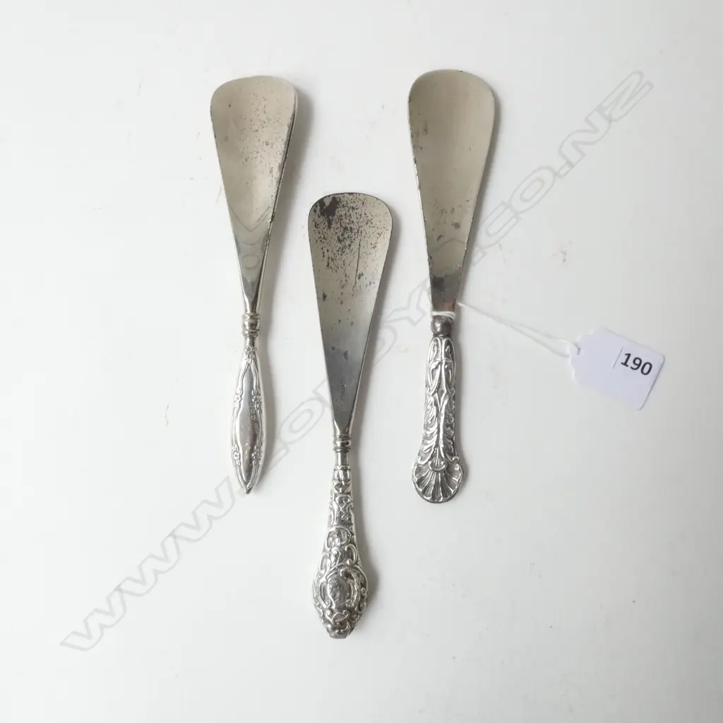 THREE STG SILVER HANDLED SHOEHORNS BIRMINGHAM 1902, 1906 & 1912, L.170MM-180MM Image 1++