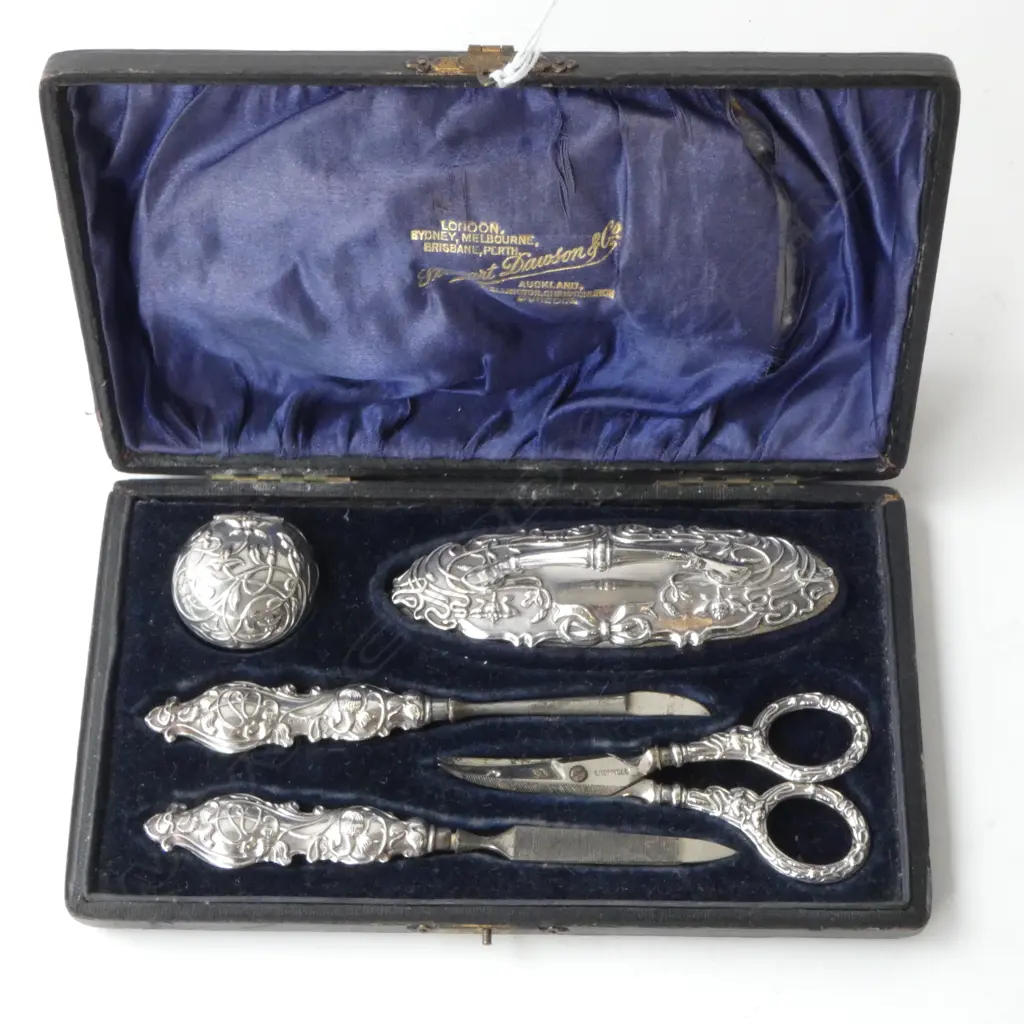 STG SILVER ART NOUVEAU 5PC PILL BOX MANICURE SET BIRMINGHAM 1904 IN BOX Image 1++