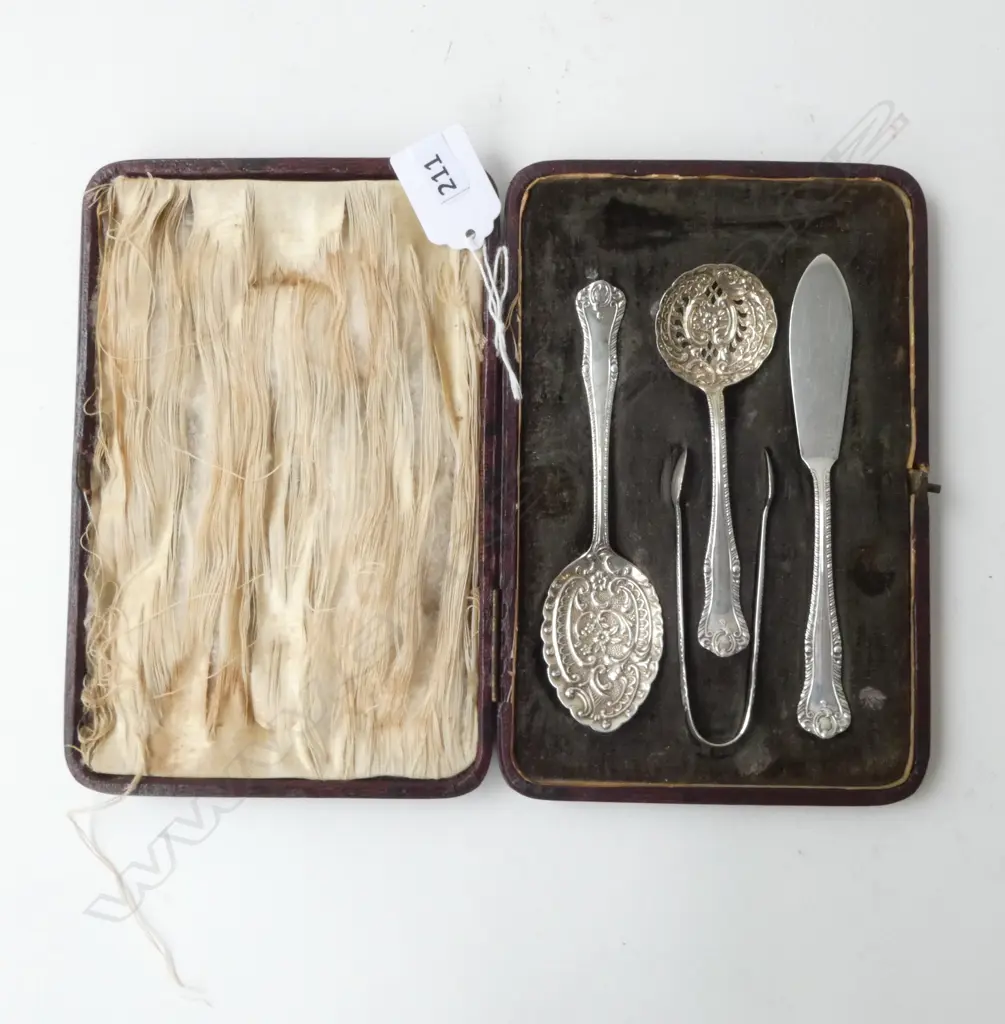 STG SILVER 4PC SET TONGS, SIFTER & JAM SPOON, BUTTER KNIFE 1896 BIRMINGHAM Image 1++