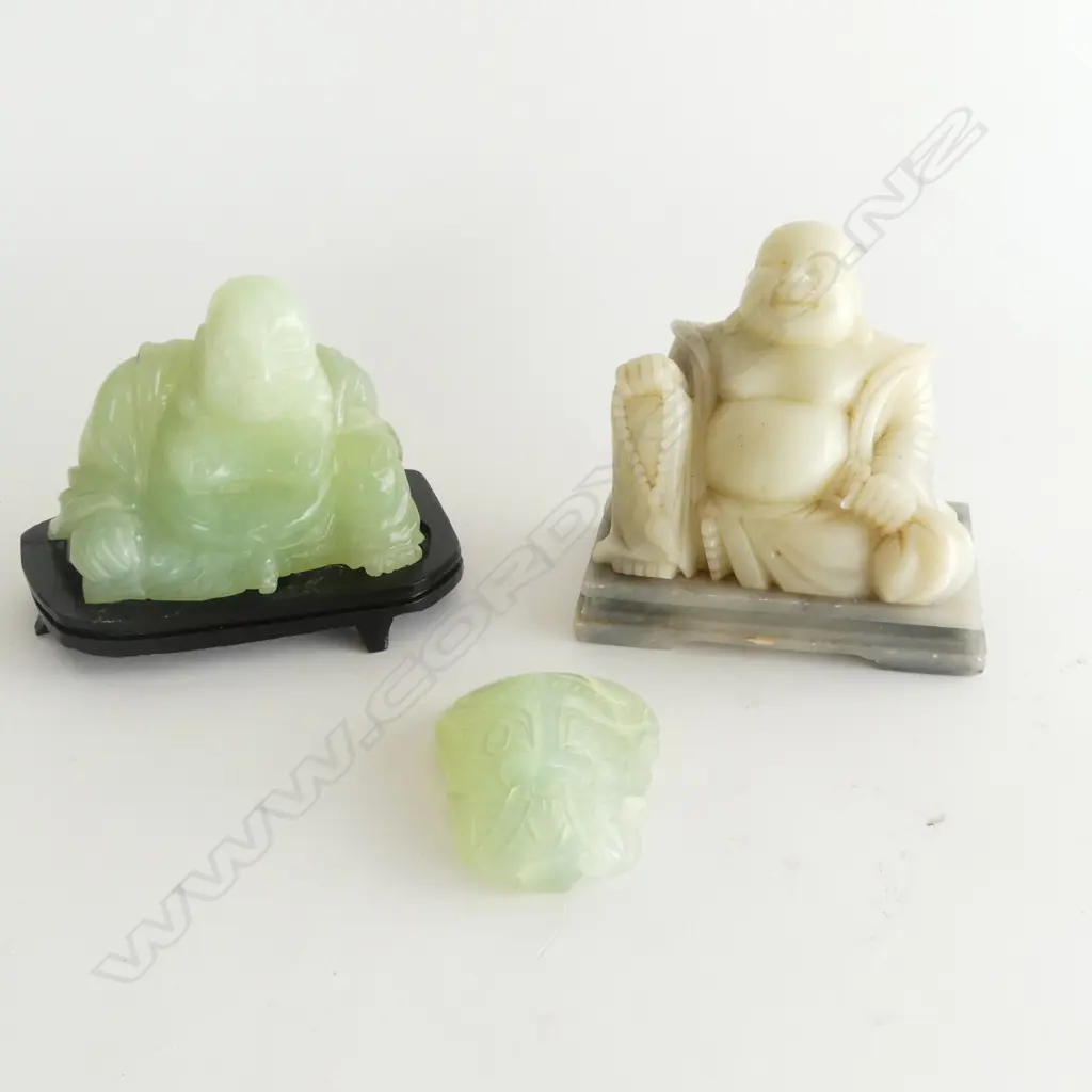 CHINESE JADE HOTEI H100MM ON STAND  JADE BUCKLE H60MM & SOAPSTONE HOTEI H110MM Image 1++
