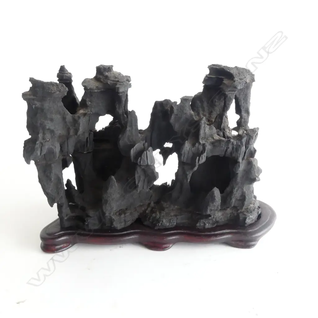 NATURAL WEATHERED SCHOLARS ROCK in stand ex. Gobi desert. Pierced grotto type. W.170mm Image 1++