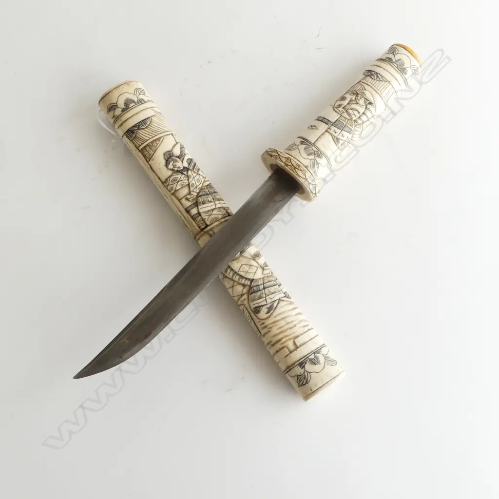 EARLY 20thC JAPANESE TANTO short sword CARVED BONE SCABBARD & HILT L.395mm Image 1++