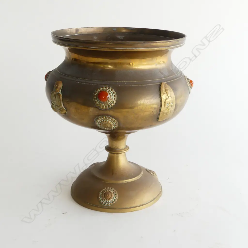 ORIENTAL BRASS PEDESTAL BALUSTER BOWL jewelled with orange agates. H.200mm Image 1++