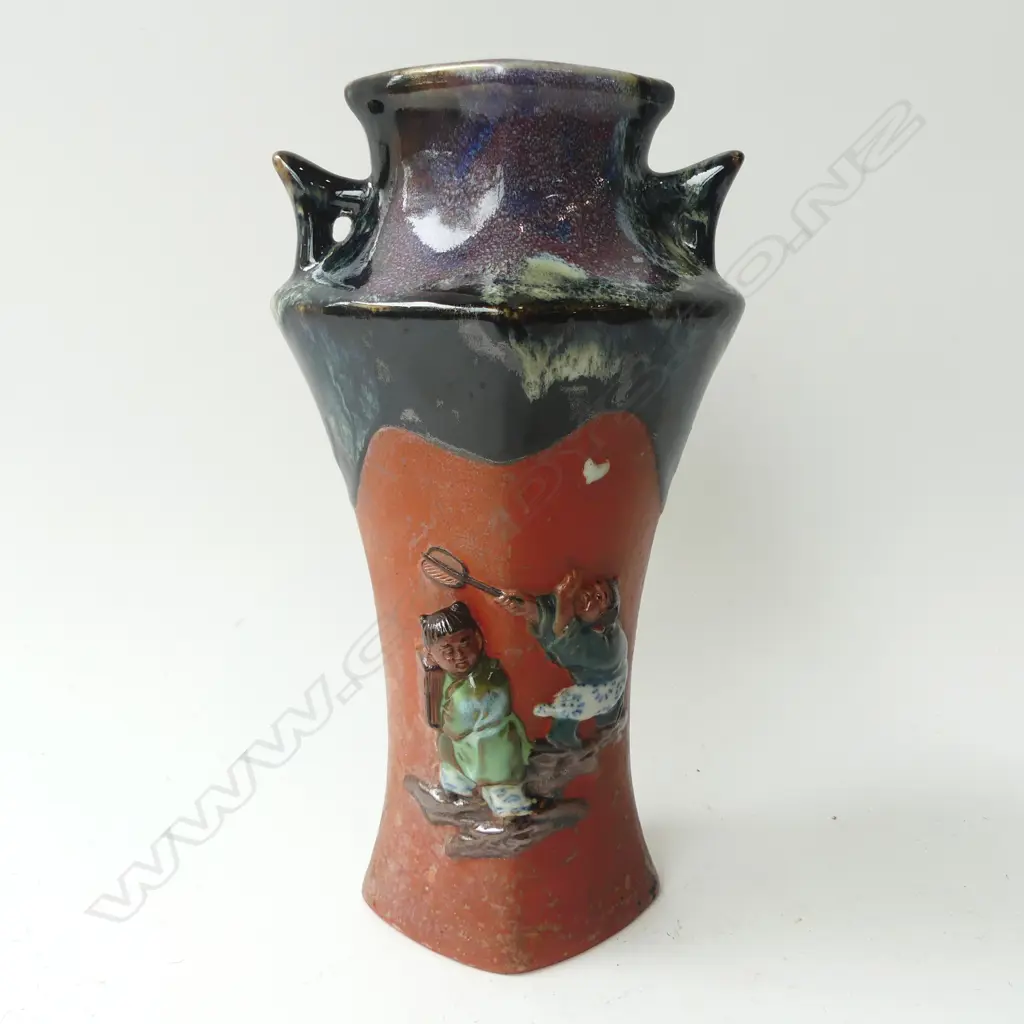 SUMIDA GAWA JAPANESE early 20thC vase. Children in relief 1 chasing a butterfly. Glazed top. H.245mm Image 1++