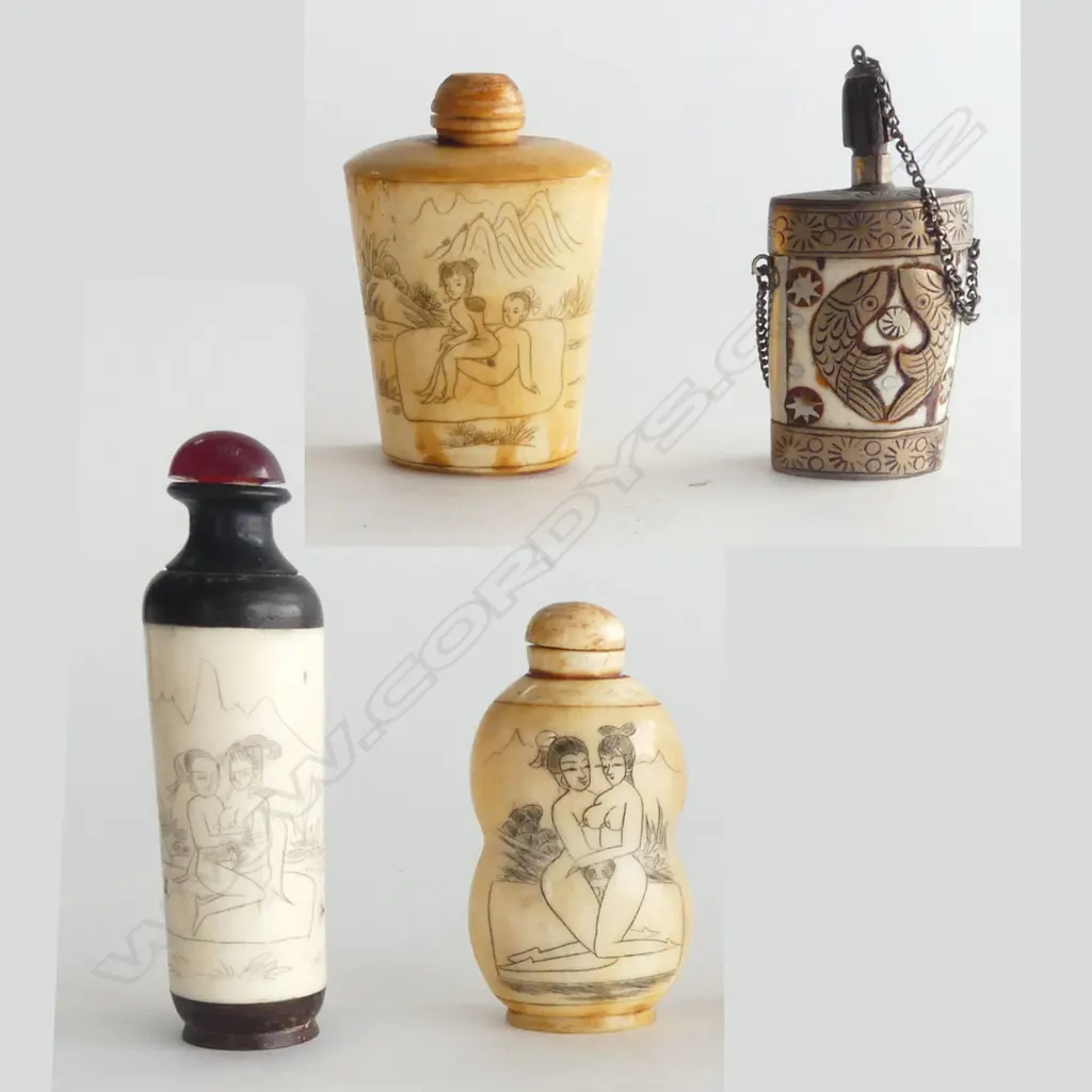 3 EROTIC BONE SNUFF BOTTLES & 1 OTHER H100MM TALLEST Image 1++