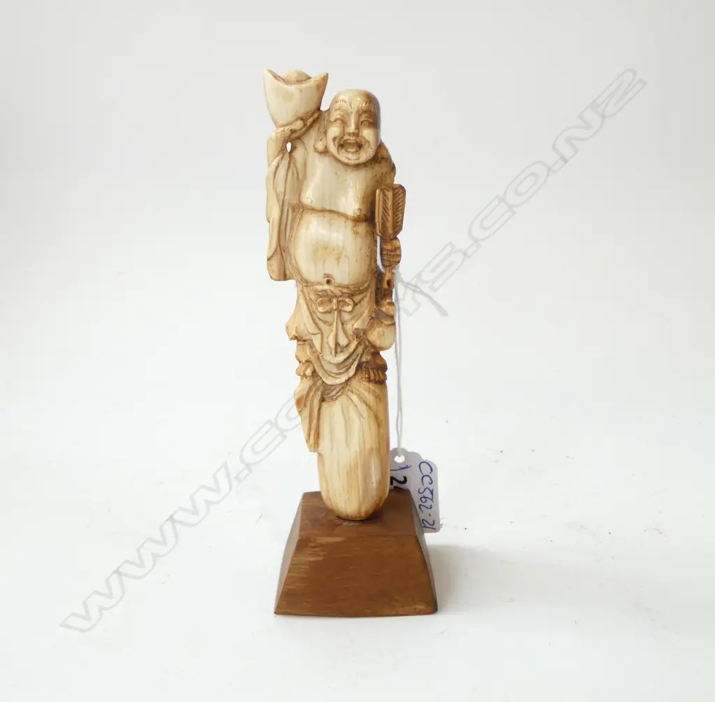 OLD CARVED MAMOTH TOOTH IVORY CARVING OF HOTEI on wood stand H.150mm. Image 1++