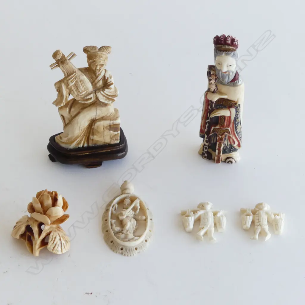 6 VARIOUS SMALL IVORY CARVINGS: 4 CHINESE + 1 INDIAN + 1 ORIENTAL Tallest 80mm stained ivory immortal w staff Image 1++