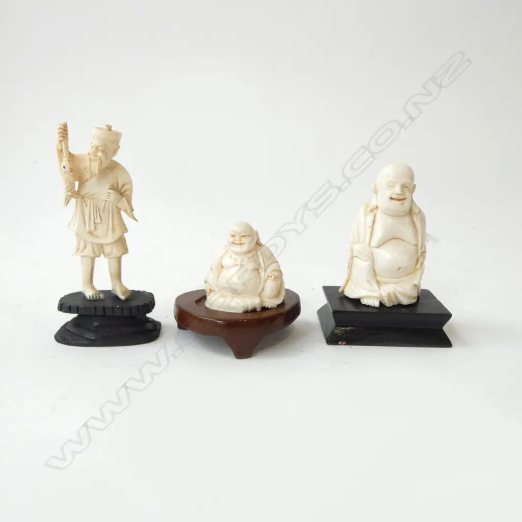 2 IVORY BUDDHA H80MM TALLEST ON STAND & IVORY FISHERMAN H90MM NO HAT Image 1++