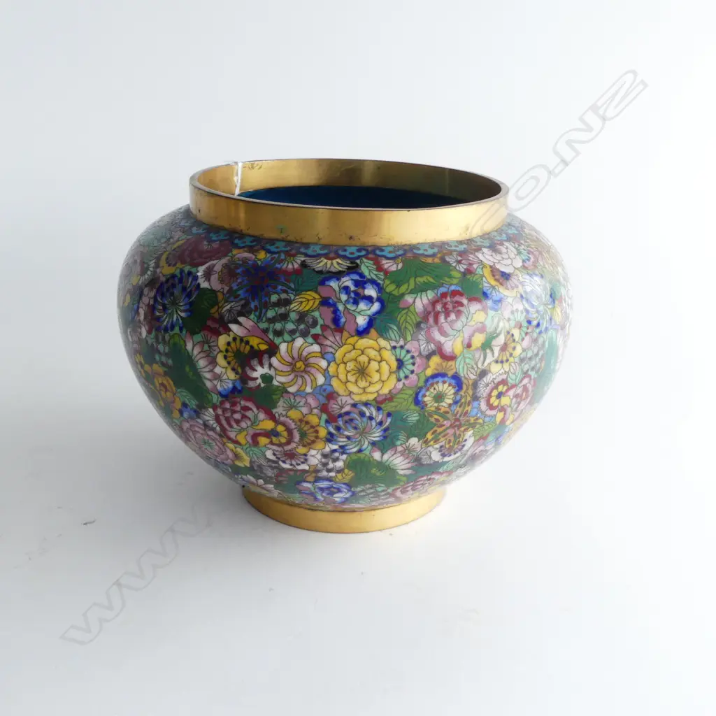 ORIENTAL CLOISONE & BRASS JARDINIERE colourful florals squat ovoid form. H.145mm. Dia.215mm. Image 1++