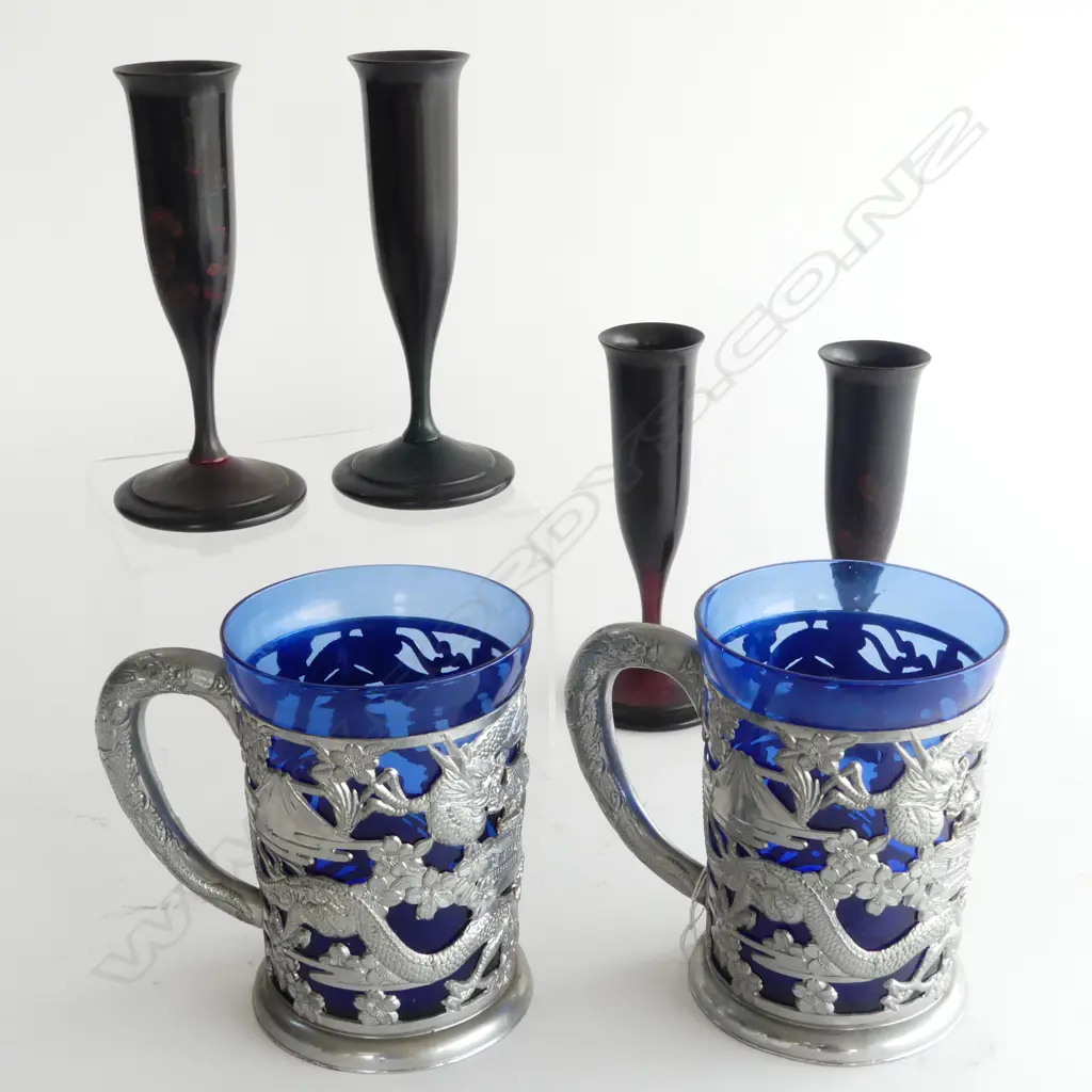 (A) PAIR ORIENTAL CHROME & GLASS MUGS/ FOUR CHINESE WOOD VASES- Image 1++