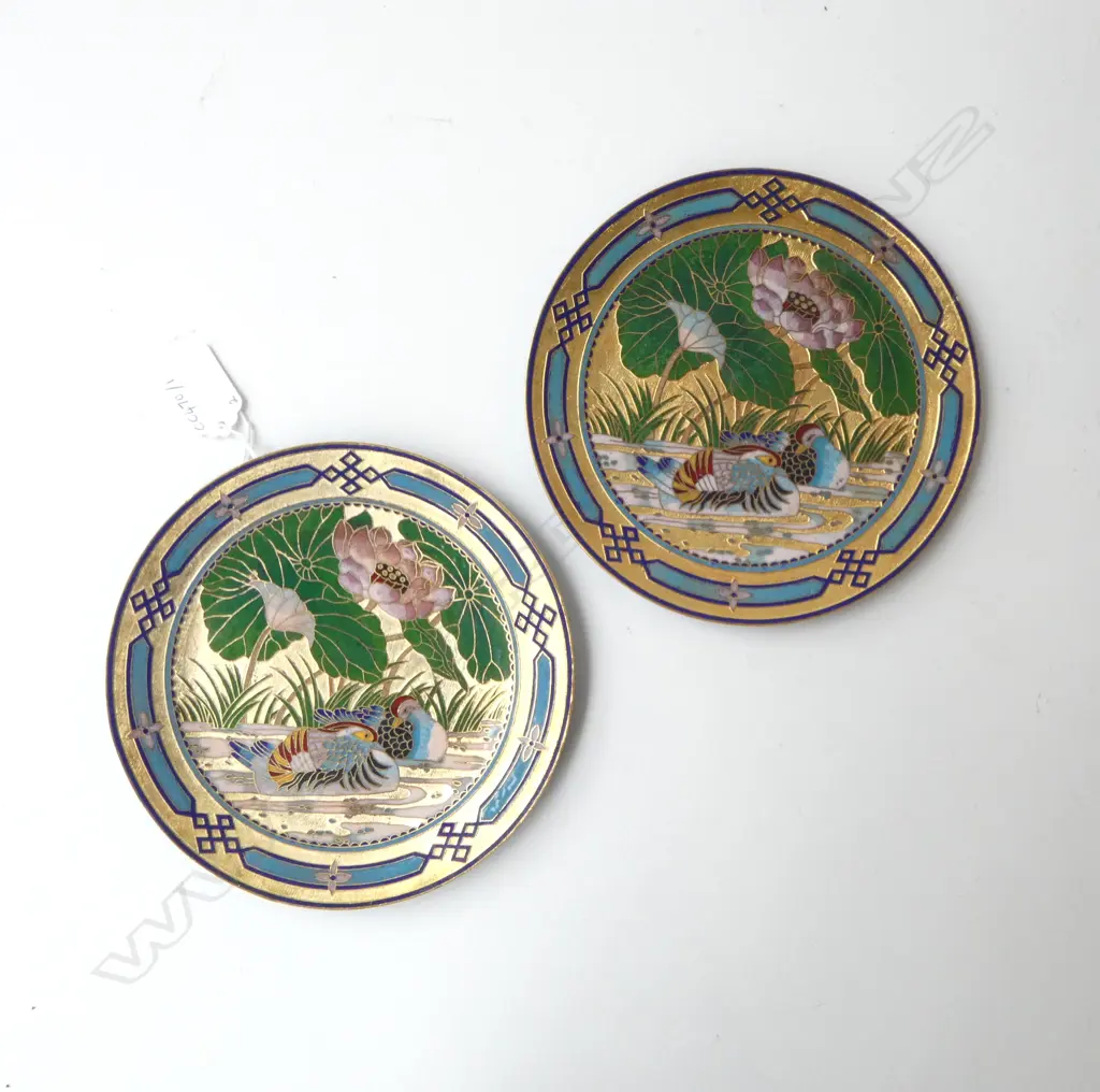 PAIR OF CLOISONNE PLATES DUCKS IN POND, D.180MM Image 1++