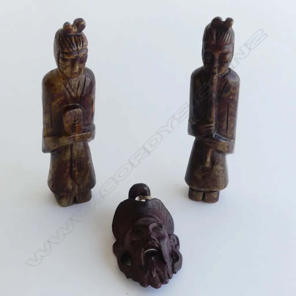 PR ORIENTAL CARVED STONE FIGURES H.160mm + CARVED WOODEN SMALL MASK  Image 1++