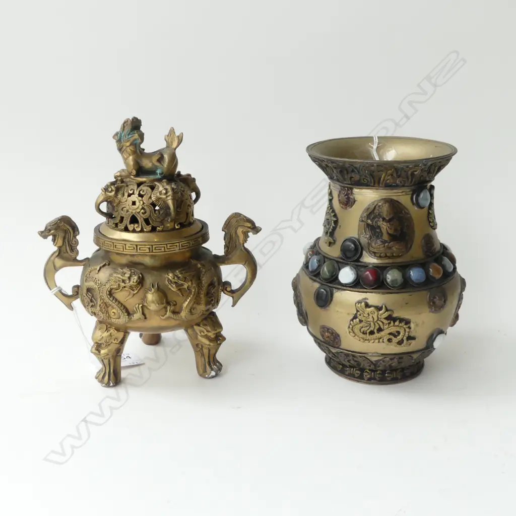 CHINESE BRASS INCENSE BURNER & TIBETAN STONE INLAID METAL VASE H160MM Image 1++