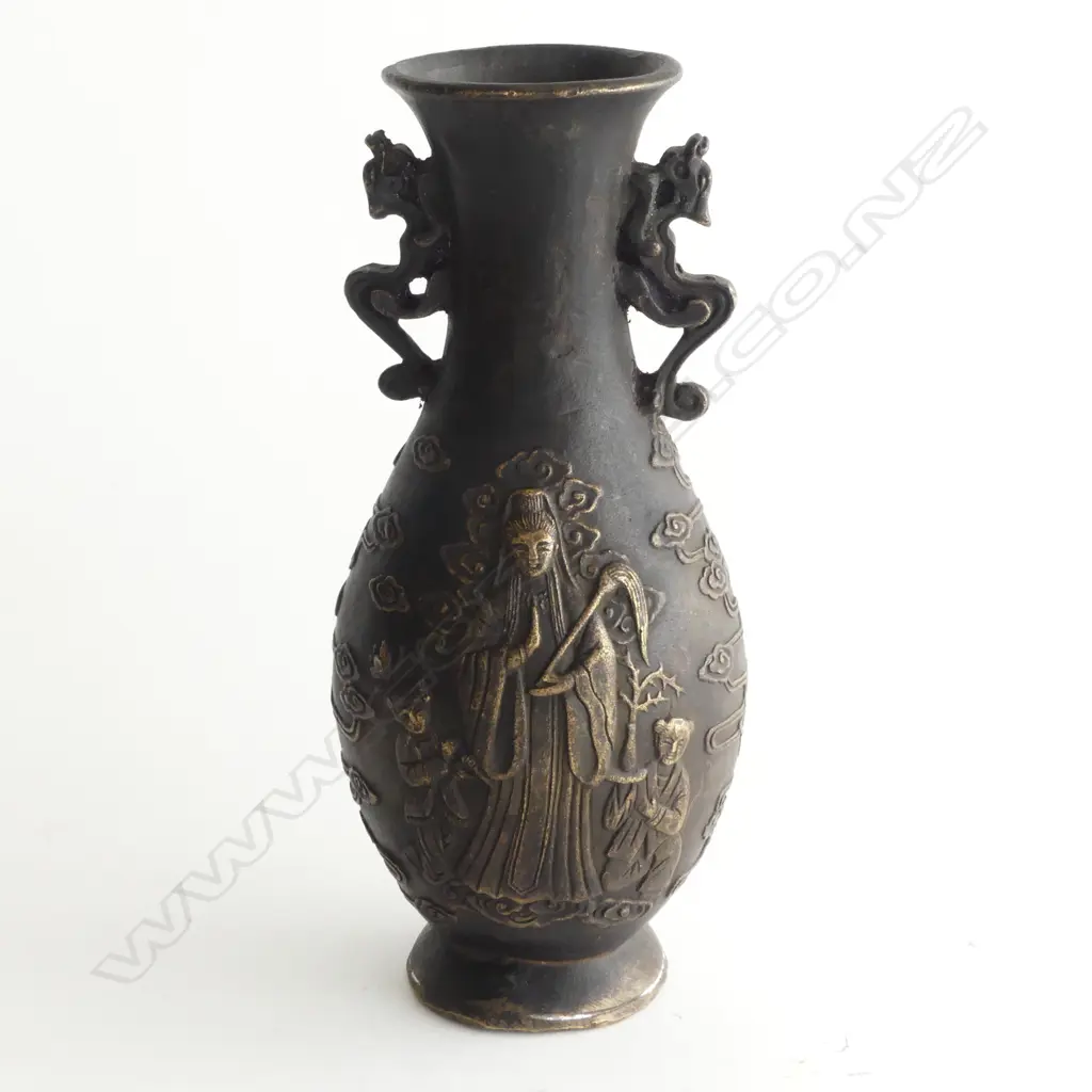 CHINESE BRONZE VASE with female goddess & attendants in relief H.190mm Image 1++